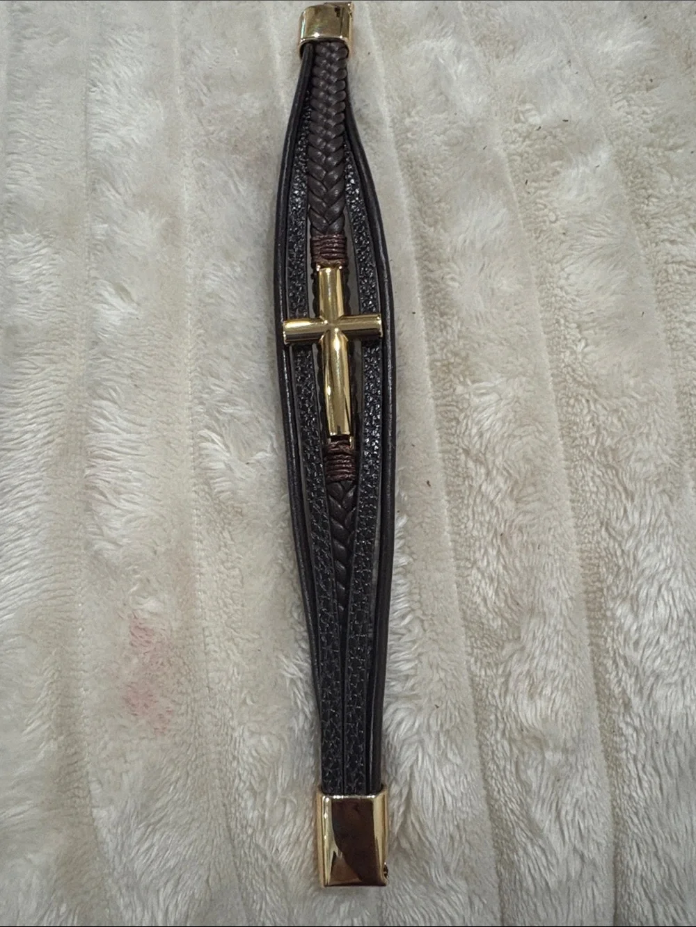 Gold Cross Brown Braided Leather Men's Bracelet